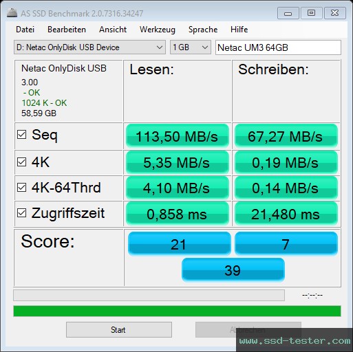 AS SSD TEST: Netac UM3 64GB